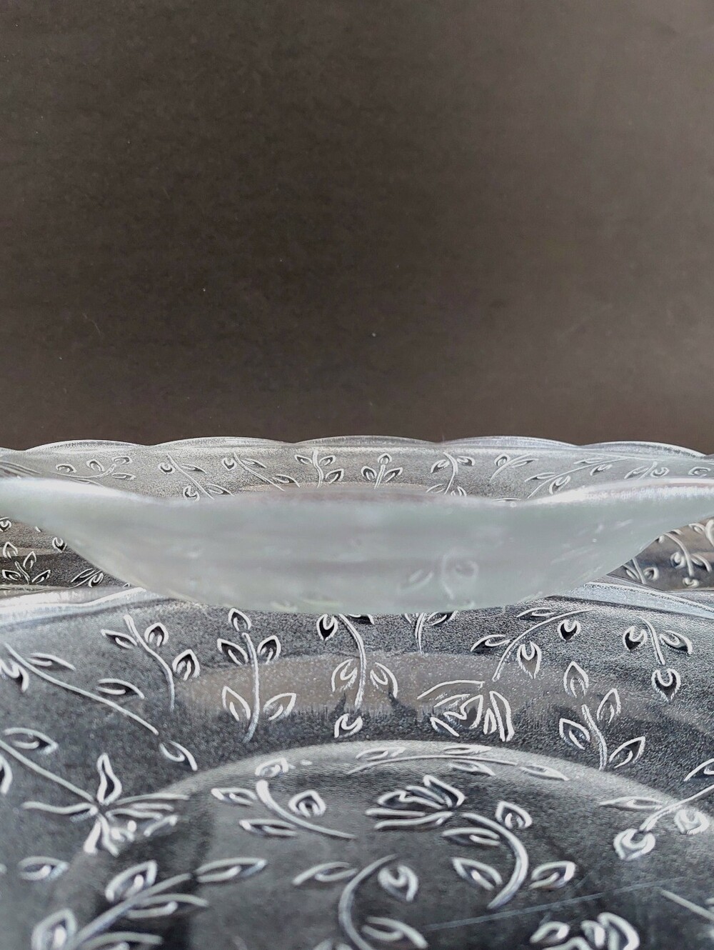 Vintage KIG Indonesia Clear Glass Salad Soup Bowls Rose Floral Scalloped Set 4